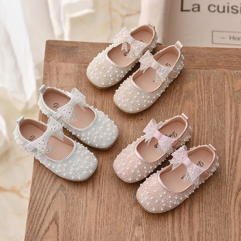 Princess Shoes For Baby Girls Party Dress Autumn Children Shoes Fashion Bow Rhinestone Leather Kids Shoe 1 2 3 4 5 6 Years Old