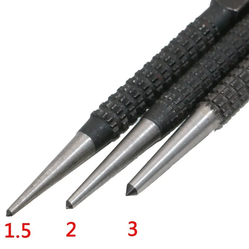 3PC 1.5/2/3มม.เหล็กคาร์บอน Center Punch ชุด10.1ซม.กลาง punch สำหรับโลหะผสมโลหะไม้เครื่องหมายเจาะเครื่องมือ