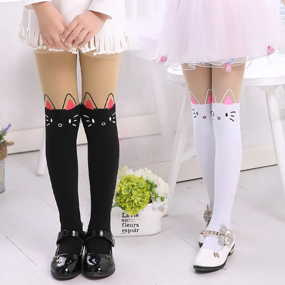 Cartoon Cat Children\'s Princess Girl Tights Stockings Baby Cute Pantyhose Kids Knee Fake Velvet Stocking White