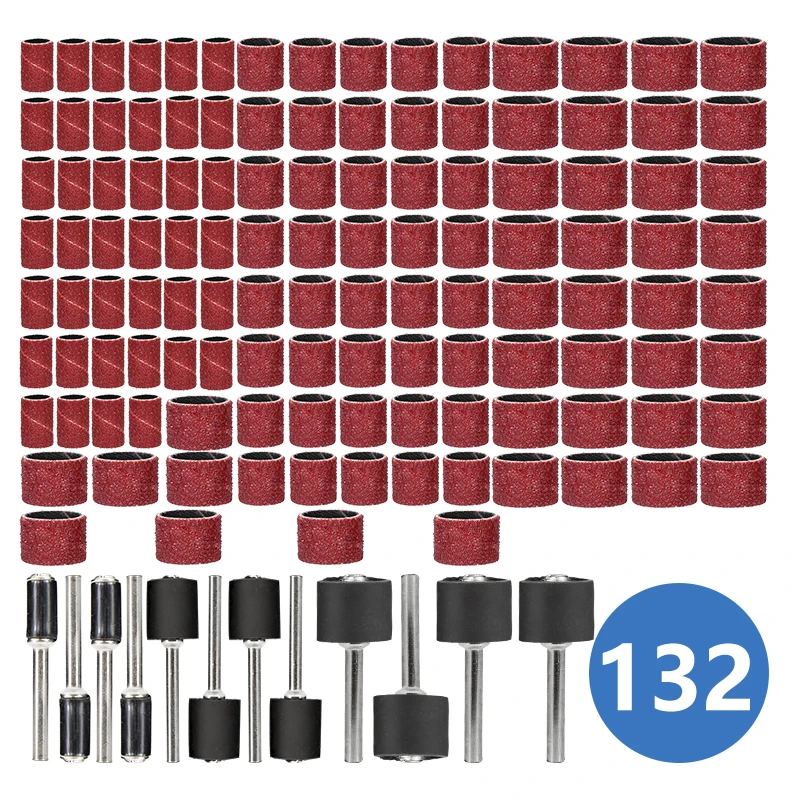 CMCP 102/132pcs 샌딩 드럼 세트 네일 Dremel 액세서리 용 샌딩 맨드릴이있는 1/4 3/8 1/2 인치 샌딩 밴드