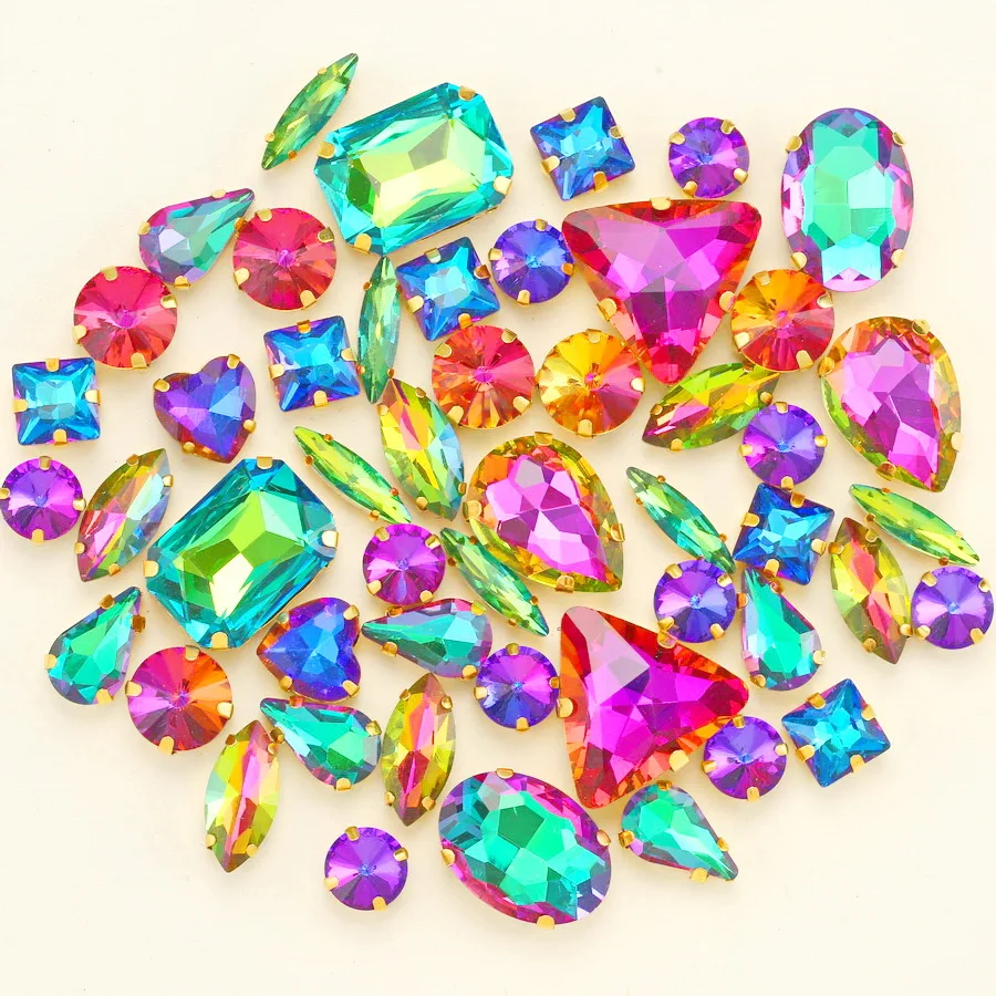 Goldene Krallenfassungen, 50 Stück/Beutel, verschiedene Formen, gemischte Jelly-Candy-Farben, Glas-Kristall zum Aufnähen, Strass für Hochzeitskleider, Schuhe, Taschen, DIY – Detail 6