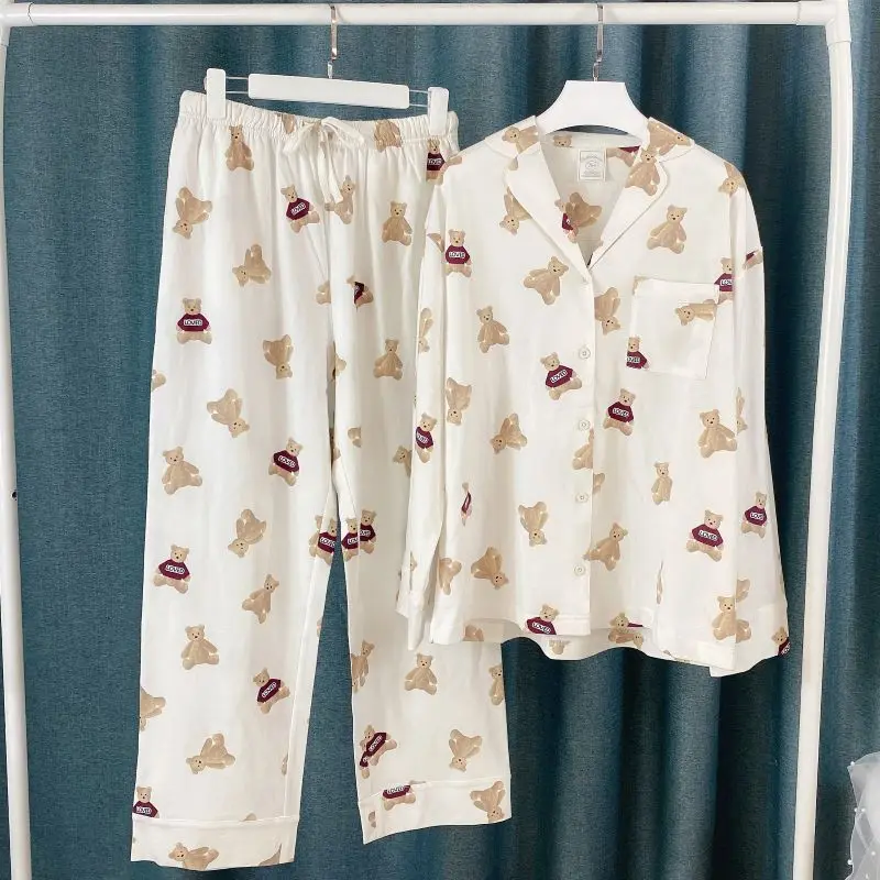 Kuzuwata 2024 New Women Sleepwear Couples Cute Bear Print Home Wear Lapel Long Sleeve Trousers Loose Comfortable Pajamas Suits