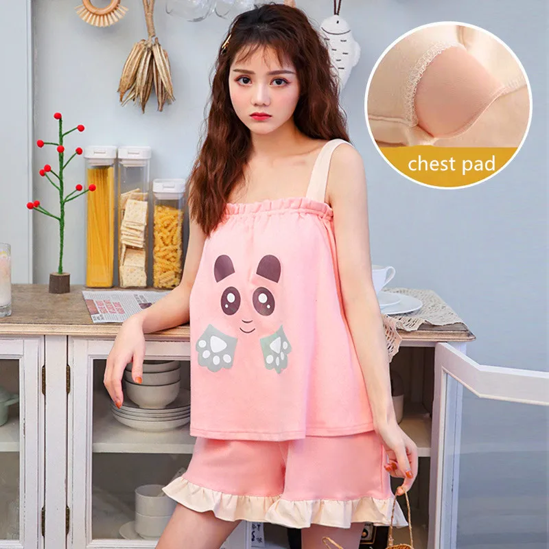 Summer Cotton Women Vest Pajamas Cartoon Pajama Sets Casual Soft Pijamas Sexy Sleepwear Female Pyjamas With Chest Pad