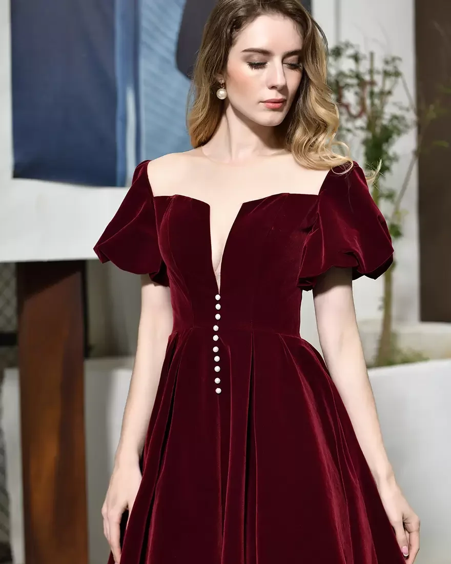 Burgundy  Velvet Evening Party Dress For Women Short Sleeve Midi Length Knee-Length Formal Prom Ball Gowns Vestidos De Noche