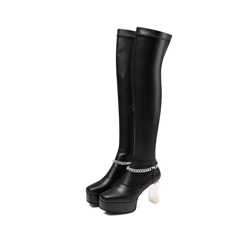 

Sexy black waterproof platform high-heeled boots thigh boots side zipper side heel crystal clear high-heeled shoes footwear size