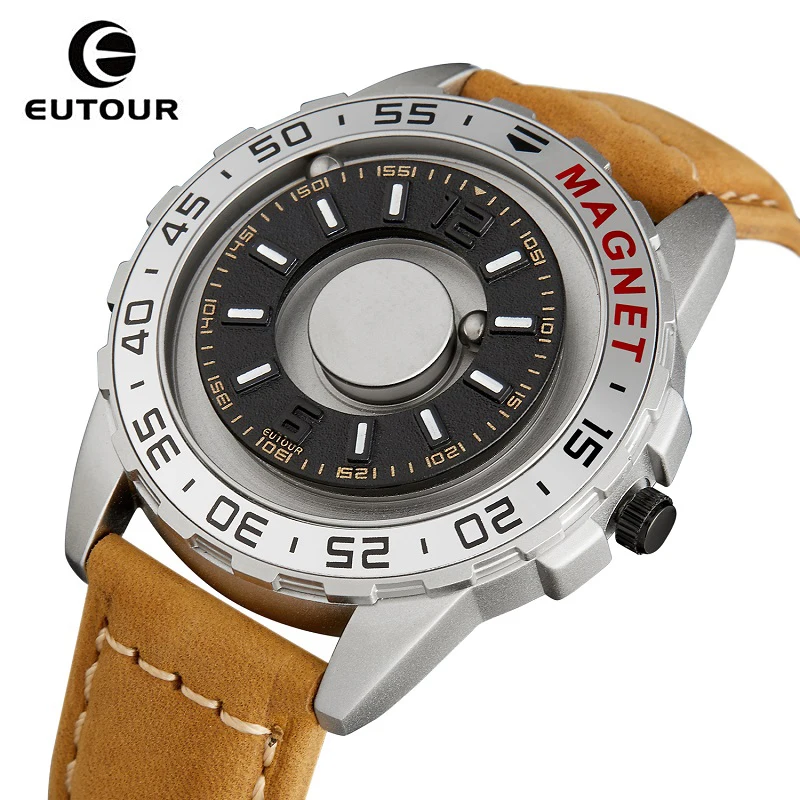 Imagem -03 - Eutour-relógio Criativo Preto Masculino Exclusivo Black Sliver Dial Esferas Magnéticas do Ímã Rotação da Mesa Giratória Metal Ball Relógios Masculinos Relógio de Borracha