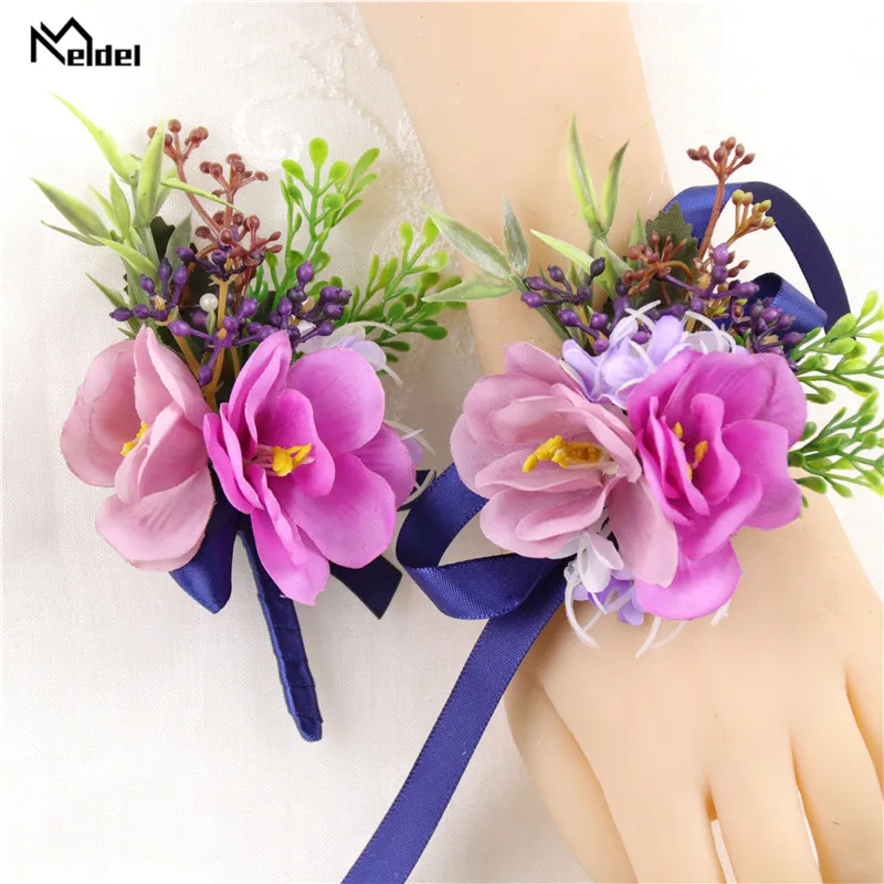 Meldel Mawar Sutra Groom Boutonniere Pria Sesuai dengan Pin Korsase Bridesmaid Pergelangan Tangan Gelang Pernikahan Bunga Buatan Dekorasi Pesta