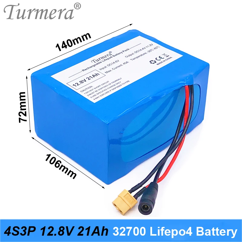 Turmera-Paquete de batería 4S3P, 12,8 V, 21Ah, 32700, Lifepo4, 4S, 40A, 100A, BMS equilibrado para barco eléctrico y fuente de alimentación sin interrupción, 12V