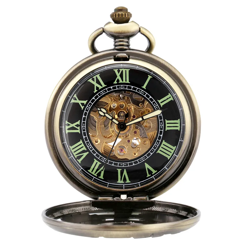 Steampunk Pocket Watch Lot Men Women Automatic Mechanical Clock Skeleton FOB Chain Roman Number Luminous Hands Half Hunter Gift