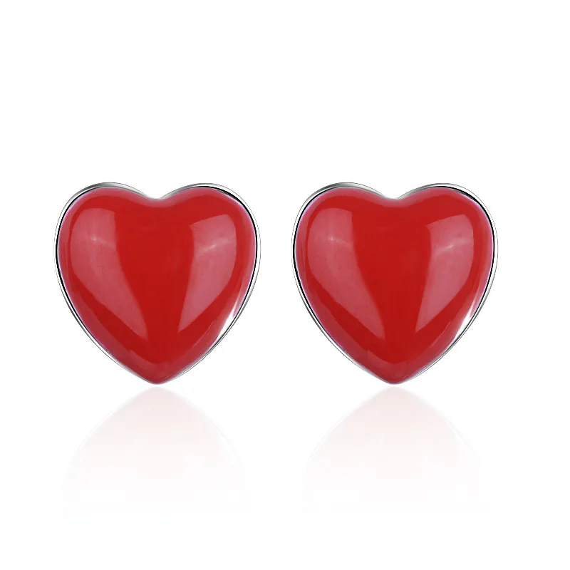 925 silver Earrings + necklace for Women Fine Jewelry Sets Cute Tiny Red Glaze Heart Stud Earrings For Girls Kids Lady Gift