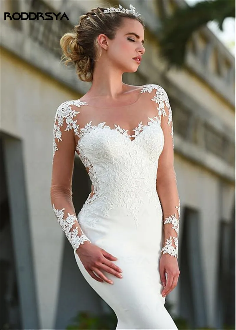 RODDRSYA à manches longues autocollants de dentelle transparente sirène robe de mariée robe de mariée à l'arrière avec bRODDRSYA-Robe de Mariée Sirène en Dentelle Transparente à Manches sulf, avec lèvent, pour Patients