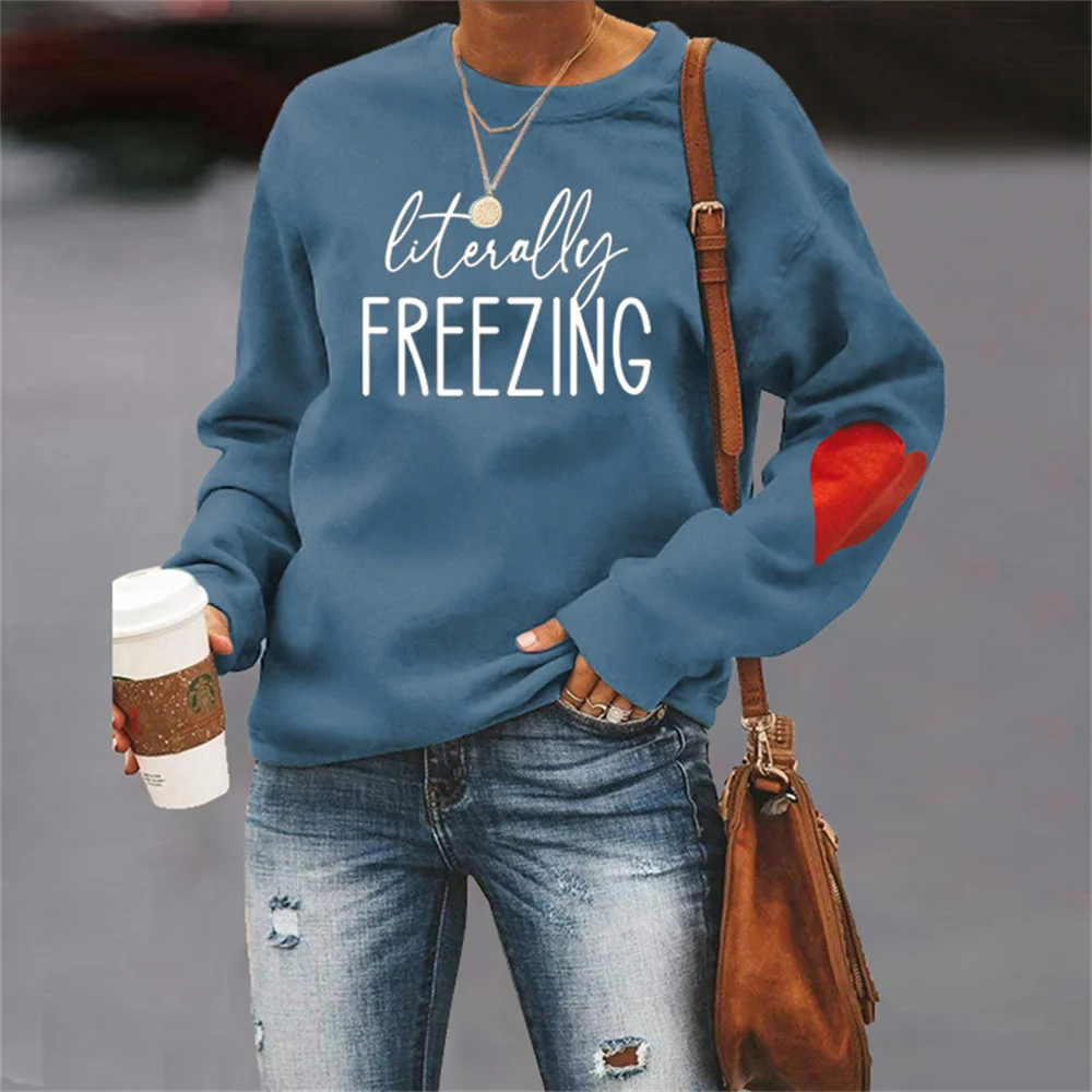 Literally Freezing Letter Print Womens Sweatshirts O-neck Long Sleeve with Red Heart Hoodie Female Harajuku Aesthetic Hoodies