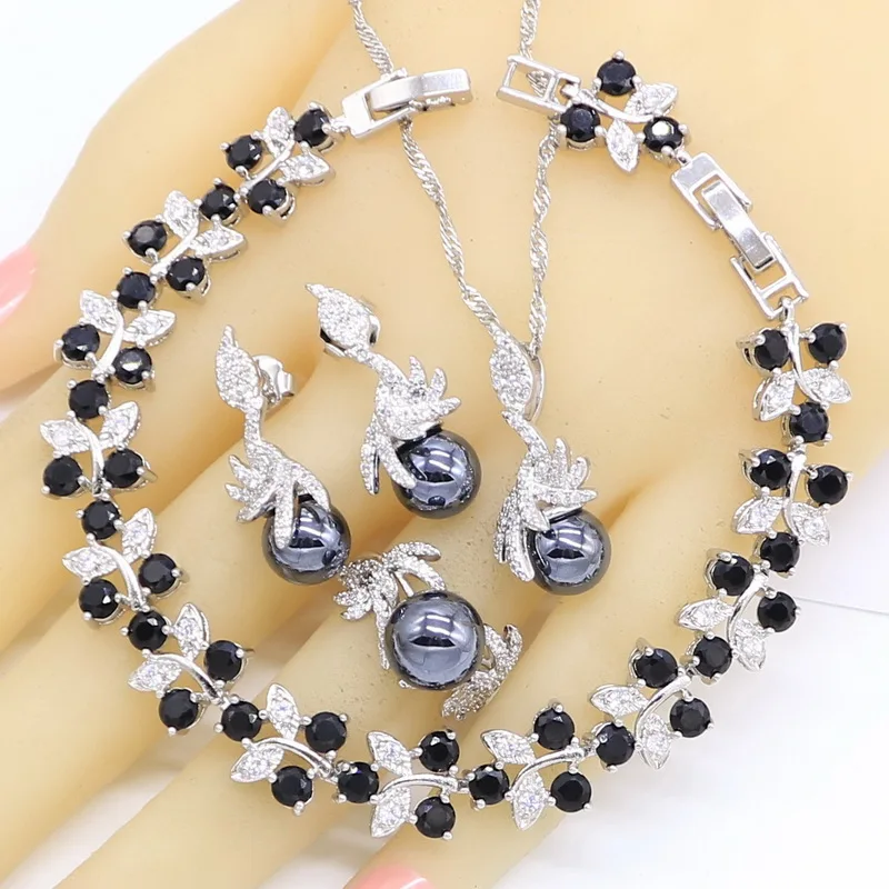 Black Pearl Wedding Jewelry Sets For Women  Earrings Necklace Pendant Ring Zircon Bracelet Birthday Gift