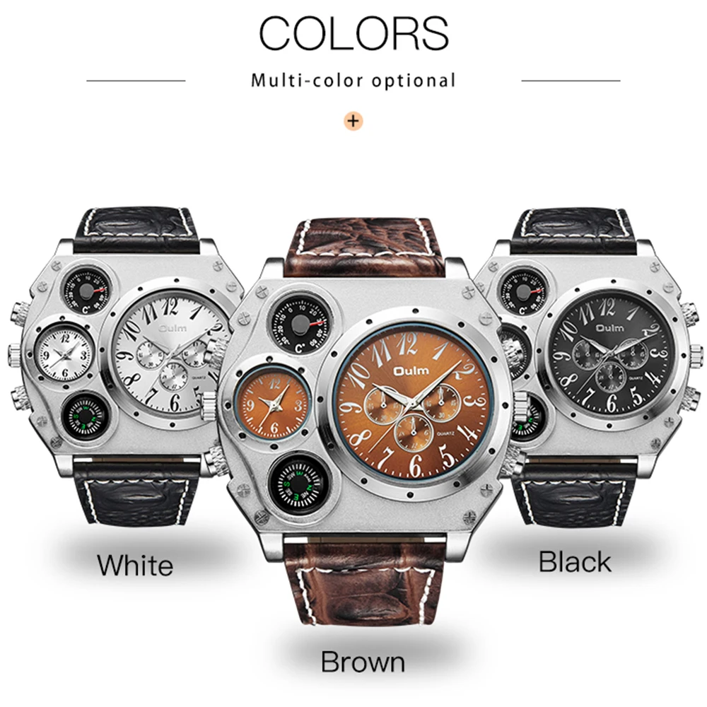 Reloj grande creativo para hombre, cronógrafo de cuarzo con múltiples esferas, pulsera deportiva militar con correa de cuero y brújula