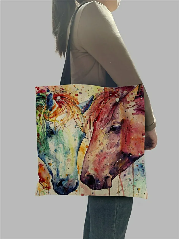 Watercolor Horse Print Linen Shopping Bag Tote Folding Reusable Traveling School Shoulder Bags Casual Handbags For Women 2021