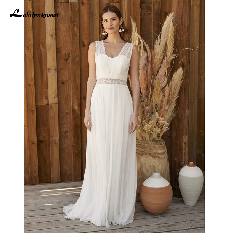 Vestidos de casamento estilo hippie boêmio, vestido de noiva de praia, vestidos de noiva, renda branca sem costas, vestido branco chiffon boho, 2021