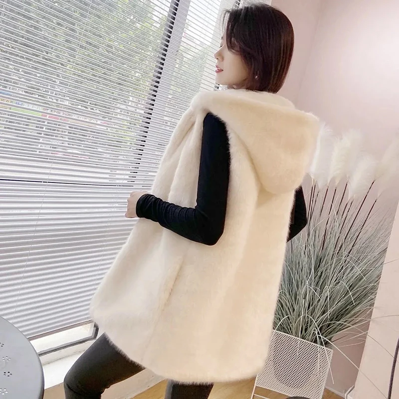 Women Clothing Hooded Faux Fur Waistcoat Jacket Autumn Winter Warm Imitation Mink Fleece Plush Vest Fashion Sleeveless Fur Coat