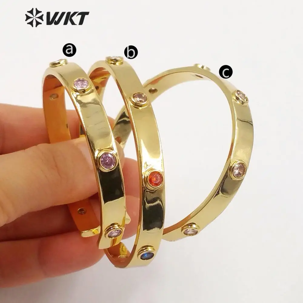 WT-MB117 Wholesale Gold Electroplated Brass Cuff Bangle Micropave CZ Stone Amazing Trendy Fashion Women