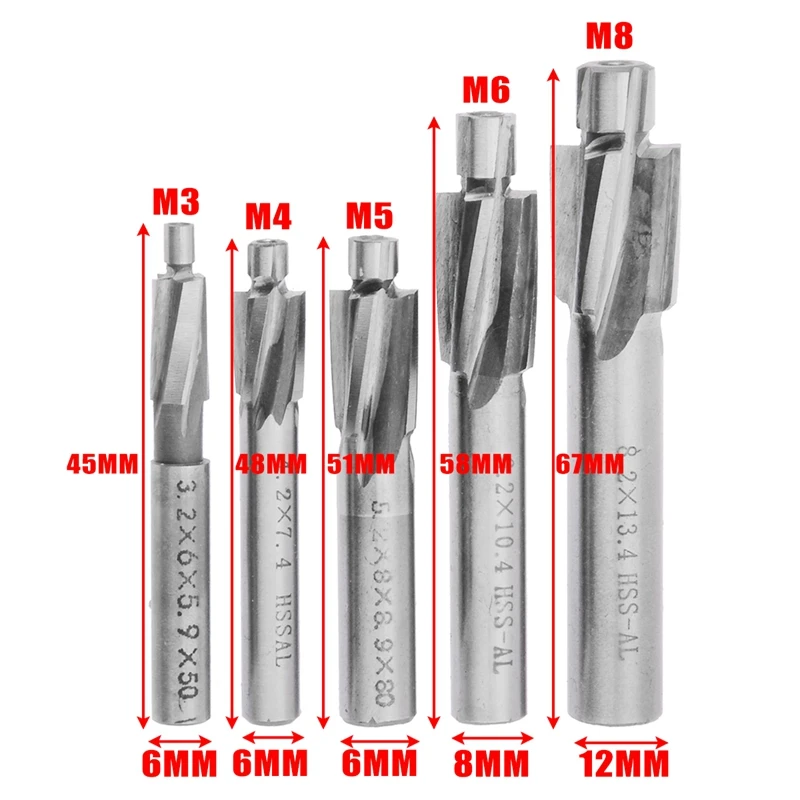 ABSF 5Pcs HSS Counterbore End Mill M3-M8 Pilot Slotting Tool Milling Cutter Countersink End Mills