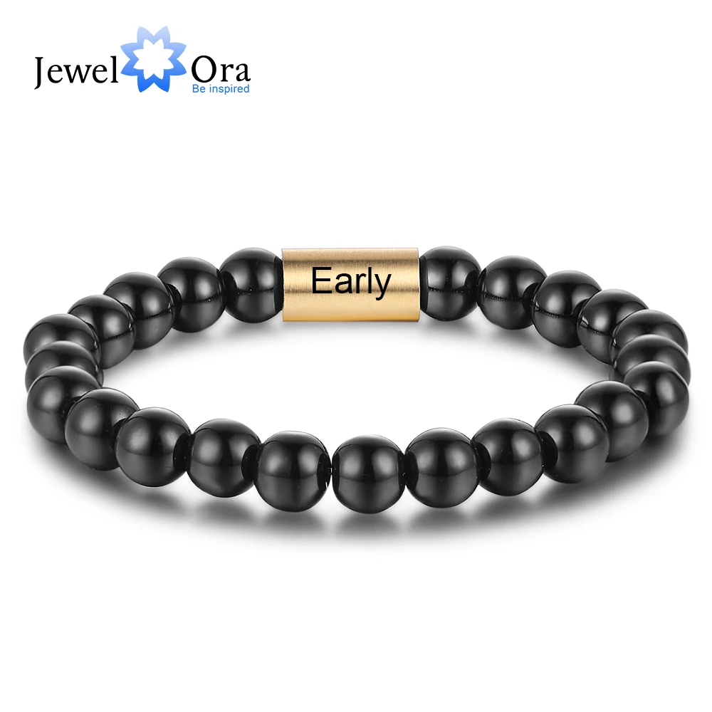 Personalized Stainless Steel Name Engraved Bracelets for Men Customize Gold color Black Beads Chain Bracelets Male Jewelry Gift