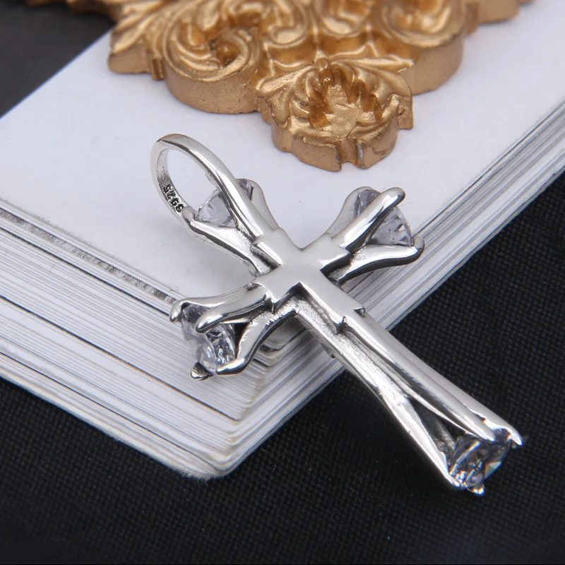 national standard s925 silver jewelry cross inlaid zircon pendant female trendy personality sweater chain accessories couple ret