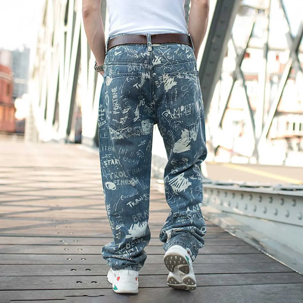 Hip-hop Graffiti Loose Baggy Skateboard Denim Men Casual Streetwear Dance Jeans Pants Straight Trousers Wide Leg Harem Clothing