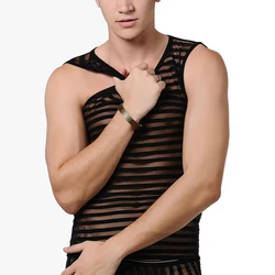 Sexy Transparent Fashion Men Stripe Tank Top Breathable Sleeveless Vest New Summer Nightclub Clothes See Through Casual Tops