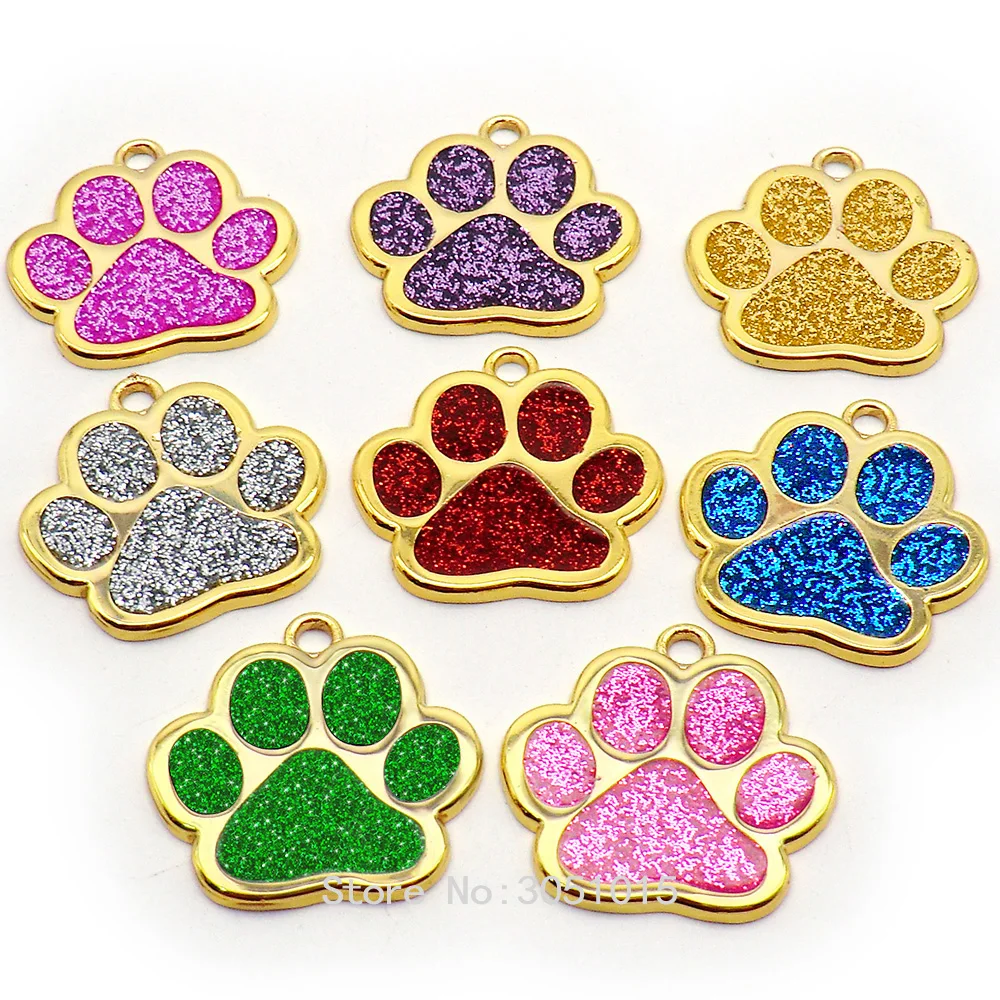 Wholesale 20Pcs Golden Personalized Dog ID Tags Engraved Cat Dog Puppy Pet ID Name Tag Pendant Pet Accessories Paw Glitter plate