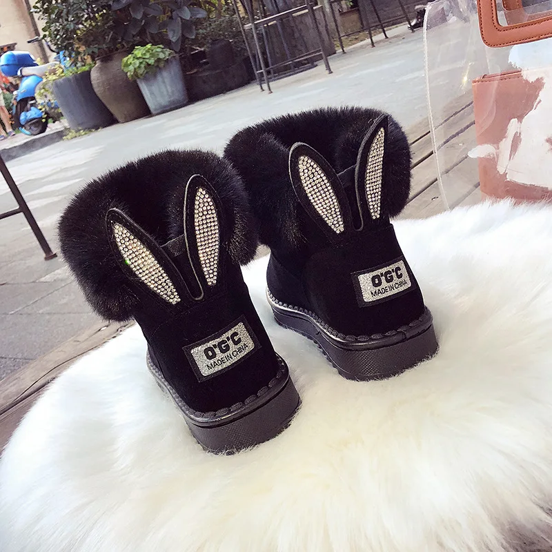 Fashion Faux Fur Winter Snow Boots Women\'s Flat Heel Ankle Boots Rhinestone Rabbit Ear Cotton Shoes Warm Women Boots WSH4263