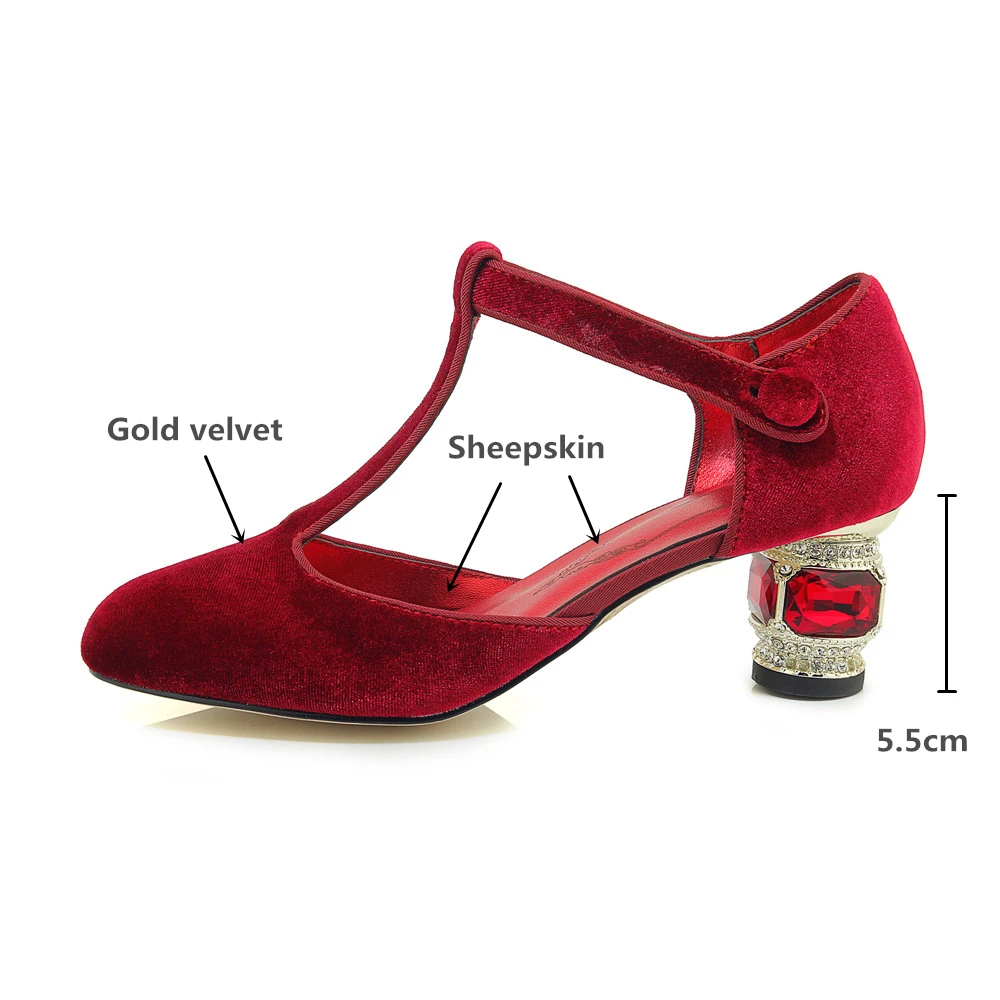 MILI-MIYA New Arrival Women Gold Velvet Pumps Crystal Square Heels Round Toe Ankle Wrap Buckle Solid Color Dress Shoes