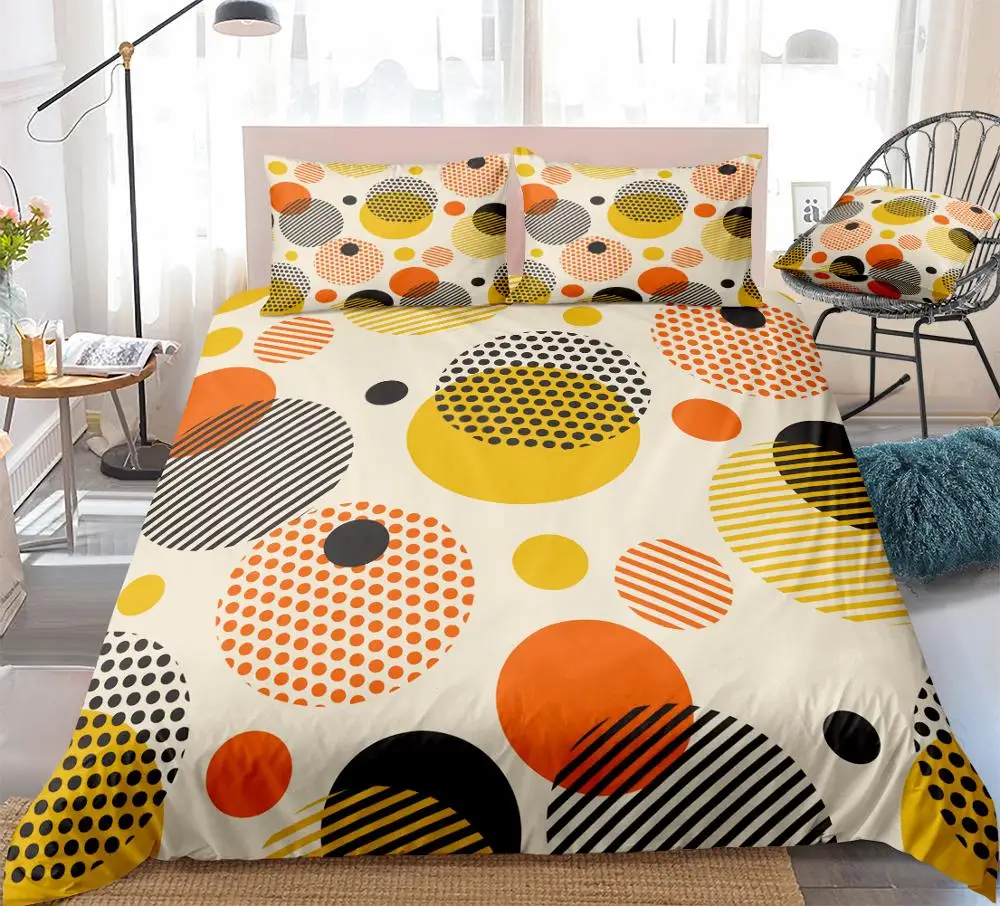 3 Pieces Colorful Geometric Bedding Circles Stripes Dots Duvet Cover Set Red Yellow Black Quilt Cover Queen Teens King Dropship