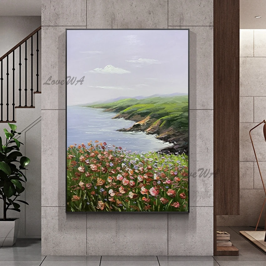 

The Lake Flowers Scene Textured Contemporary, Abstract 100% Handpainted Painting On Canvas New Arrival Home Decoration No Framed