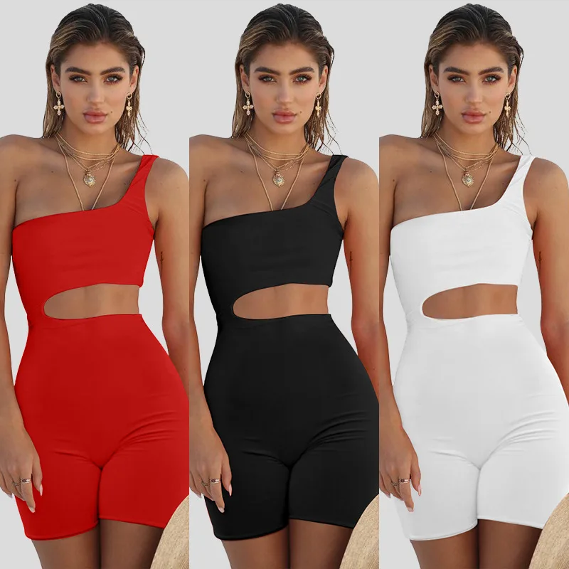 Sexy Solid Hollow Out Short Jumpsuit Skew Collar Sleeveless Side Hole Playsuits Night Club One Piece Fashion Outdoor Streetwear