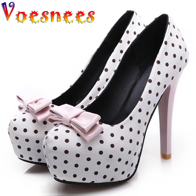 Women\'s Pumps 2021 Spring Autumn New Sweet Polka Dot High-Heeled Round Toe Single Shoes Bow Thin Heels Plus Size Female Shoes