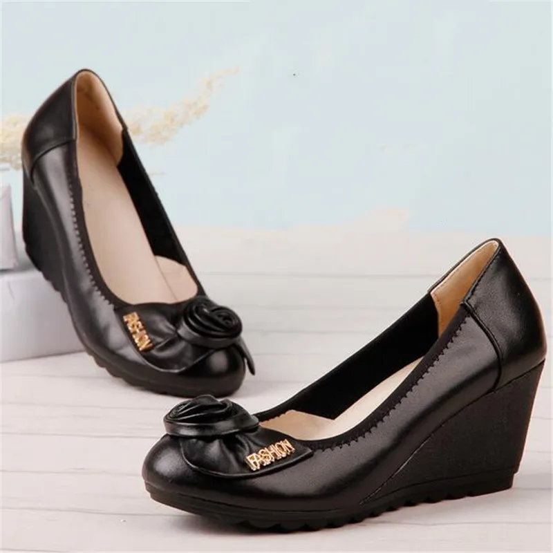 2024 High Quality Cowhide Women Genuine Leather Shoes Wedges Comfortable Fashionable Shoes Bow Black Shoes Elegant Ladies Shoes