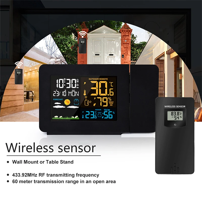 

Проекционная метеостанция с будильником и функцией повтора, Настольная светодиодная подсветка с датчиком температуры и влажности