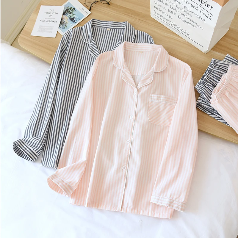 Women Loose Soft Long Sleeve Striped Pajamas Set Home Clothes Loungewear Summer Cotton Comfortable Breathable Pajama Sleepwear