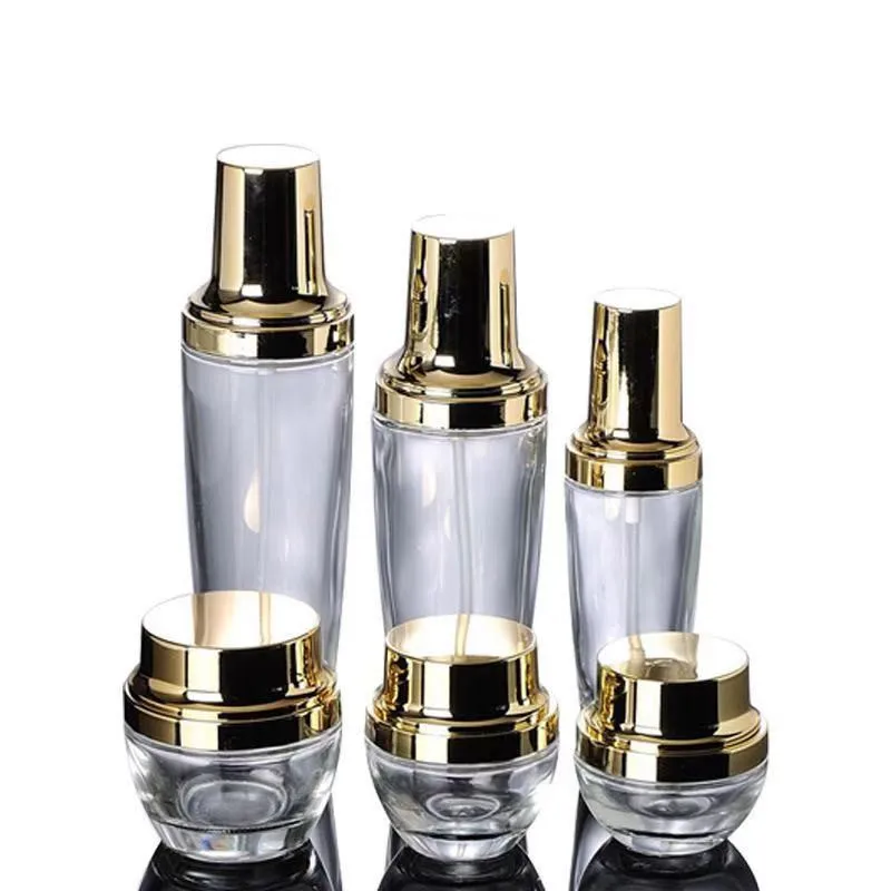 

20g 30g 50g Glass Gold Lids Cream Jar Makeup Face Pot 30ml Essential Oil Bottles with dropper 30ml 50ml 100ml Pump Spray bottle