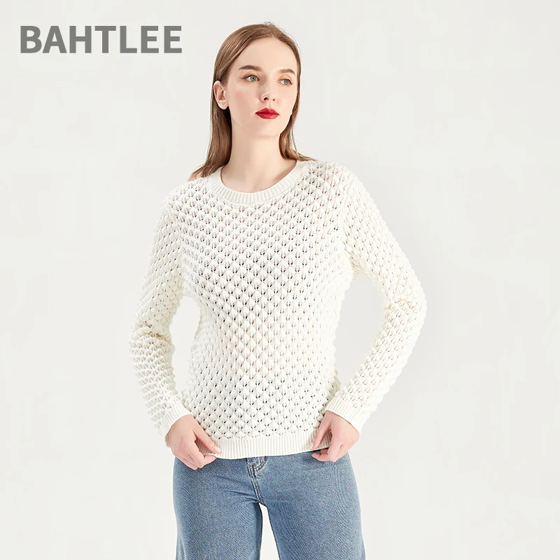 BAHTLEE-Women's Polyester Acrylic Pullovers, Black and White Striped Sweater, Knitted Jumper, Long Sleeves, O-Neck, Autumn