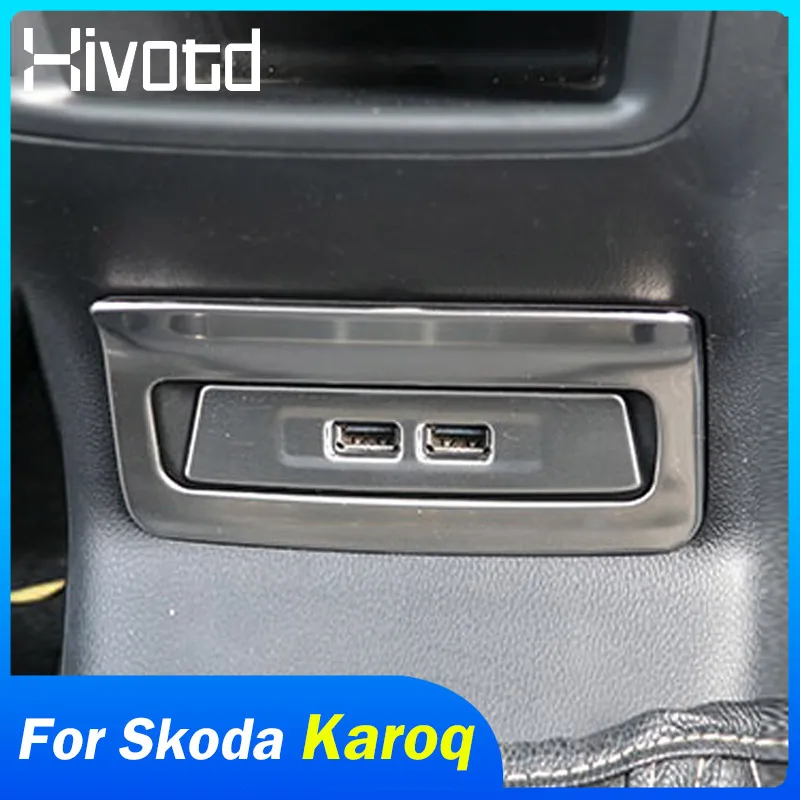 For Skoda Karoq 2023 2024 Car Accessories Armrest Rear Row Middle Socket Cover Interior Decoration Frame USB Panel Styling Parts