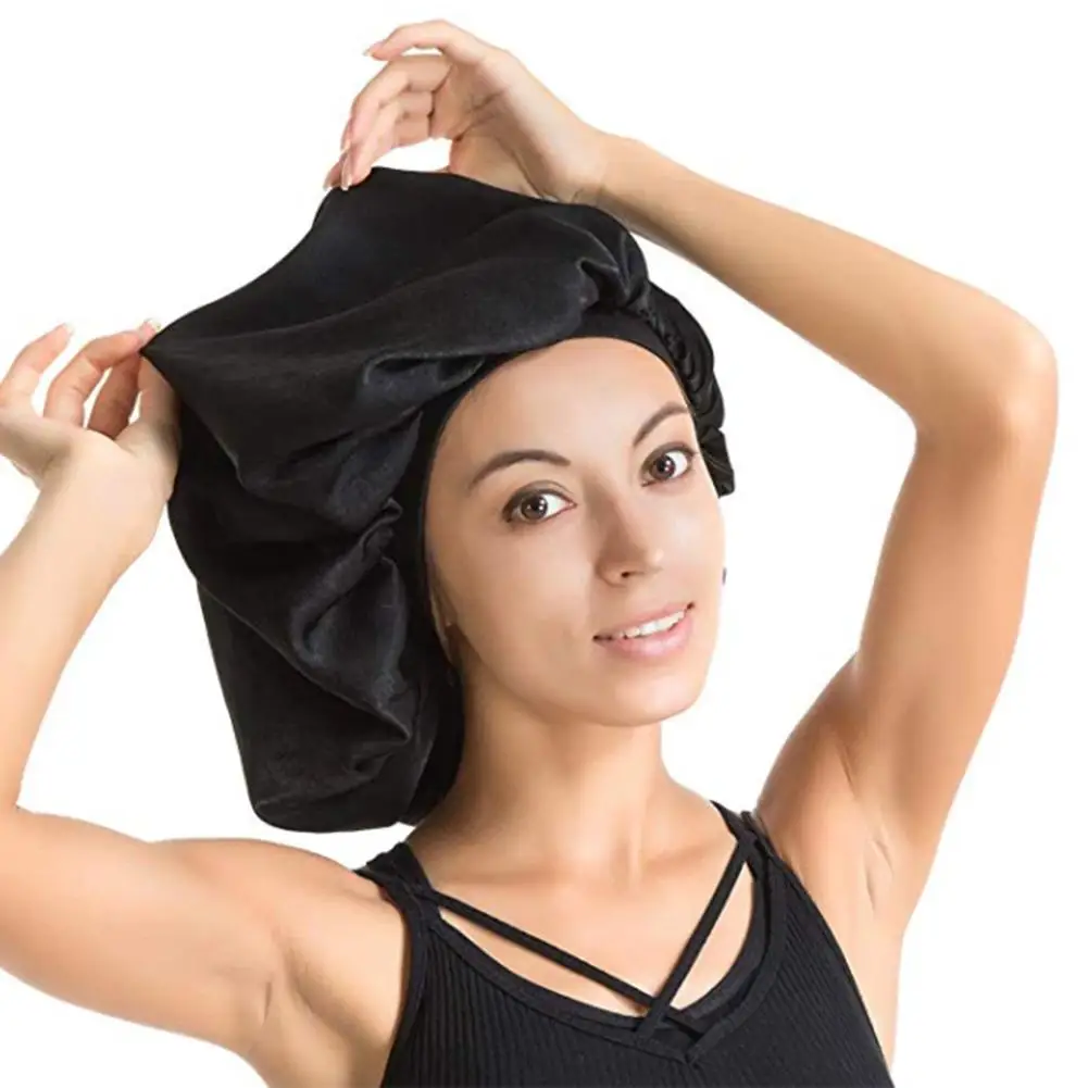 Gorro de dormir súper gigante, gorro de ducha impermeable, protege el cabello, gorro grande de seda satinada, banda elástica Premium de tela lujosa para mujer