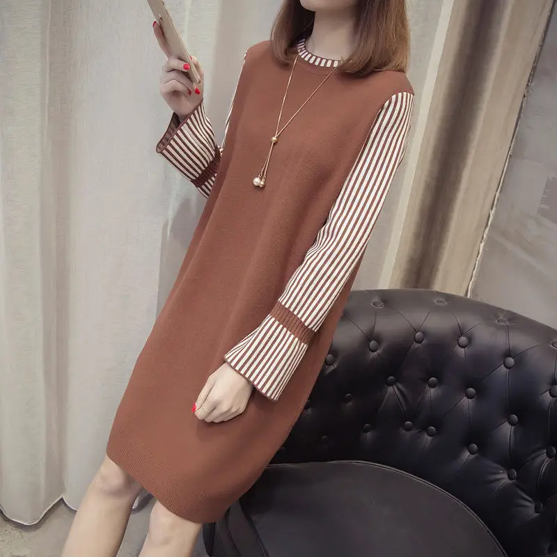 Autumn And Winter New Sweater Round Neck Dress Korean Version Of Loose Fashion Women Hedging Base Mid-length Knitted Dress