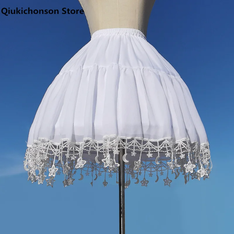 Japanese Lolita Support Skirt Kawaii Moon Star Fringe Lace Hoop Crinoline Cute Elastic Waist Fluffy Cosplay Petticoat Underskirt