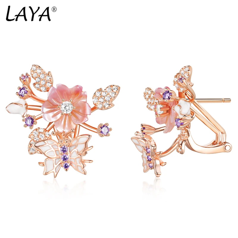 

Laya Earrings For Women High Quality Zircon Natural Shell Flower Butterfly Enamel 925 Sterling Silver Anillos Fashion Jewelry