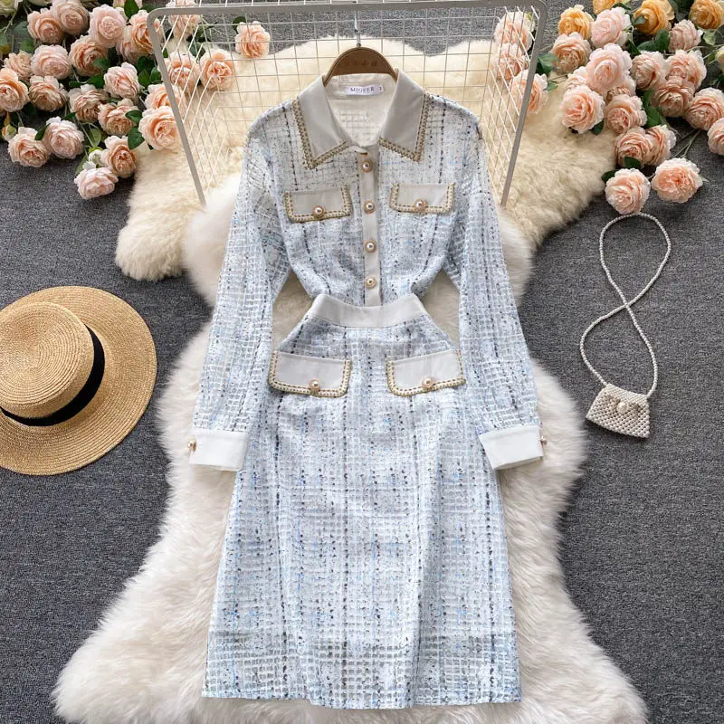 

2022 New Spring Autumn Elegant Long Sleeve Dress Women's Clothing Lapel Casual Plaid Dress Female Vestidos e202