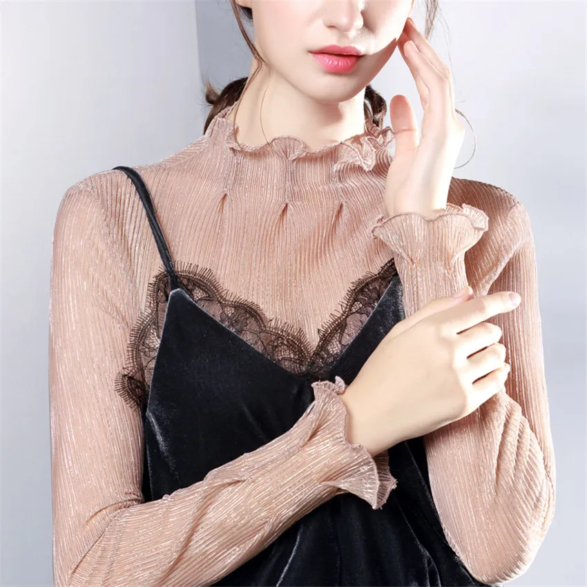 

2019 New Fashion Spring Women Lace Blouses Turtleneck Mesh Shirts All-match Ladies Tops Pullovers Brief Autumn Bottomings WZ898