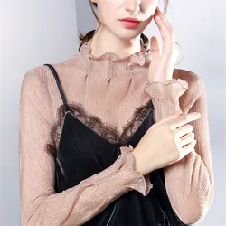 2019 New Fashion Spring Women Lace Blouses Turtleneck Mesh Shirts All-match Ladies Tops Pullovers Brief Autumn Bottomings WZ898