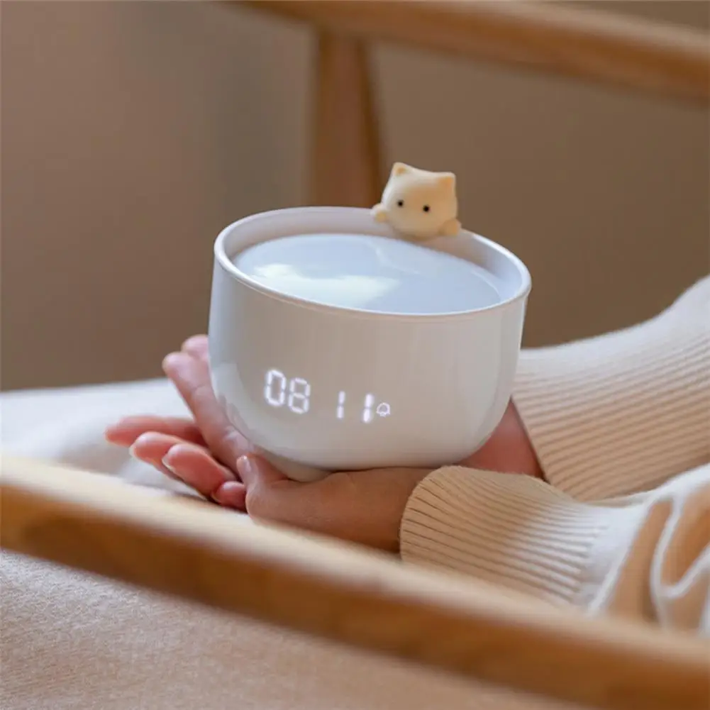 Cute Sleeping Night Light Alarm Clock 5V 1500mAh Alarm Clocks USB Powered Cats Teacup ABS LED Night Light Digital Clock for Desk