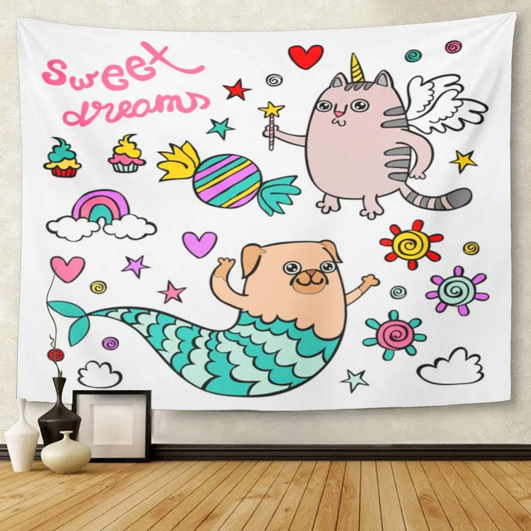 Dog Sweet Dreams Unicorn Cat Pug Mermaid and Rainbow Objects on White Candies Chocolate Tapestry Wall Hanging for Living Room