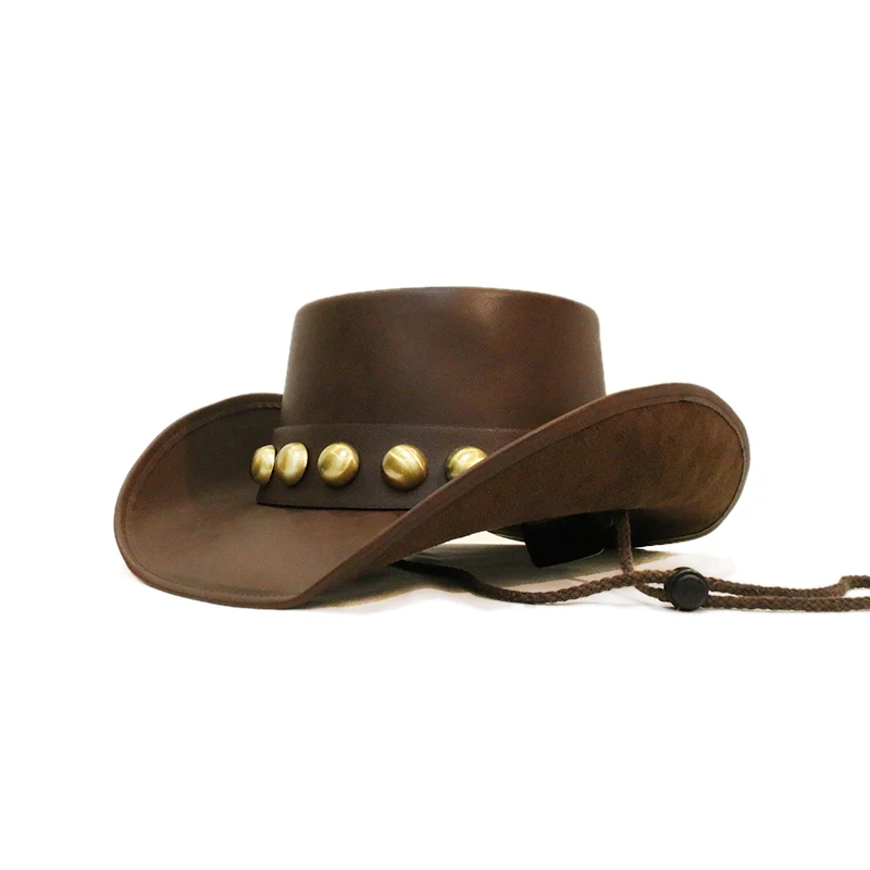 Unisex Women Men Oval Round Top Cap Leather Roll Up Wide Brim Sombrero Sun Cap Beach Cowboy Cowgirl Western Hat 58cm